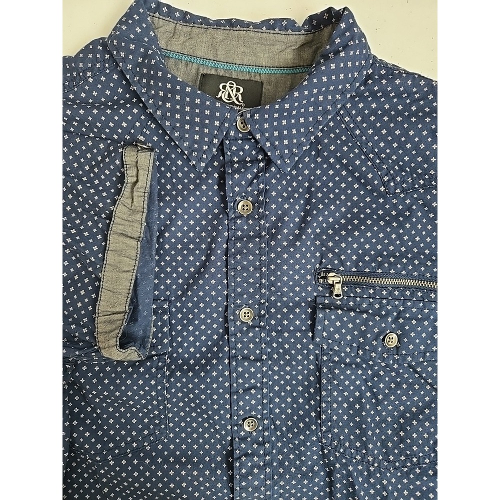 Rock & Republic Mens XL Navy Blue Diamond Roll‎ Tab Short Sleeve Button Up